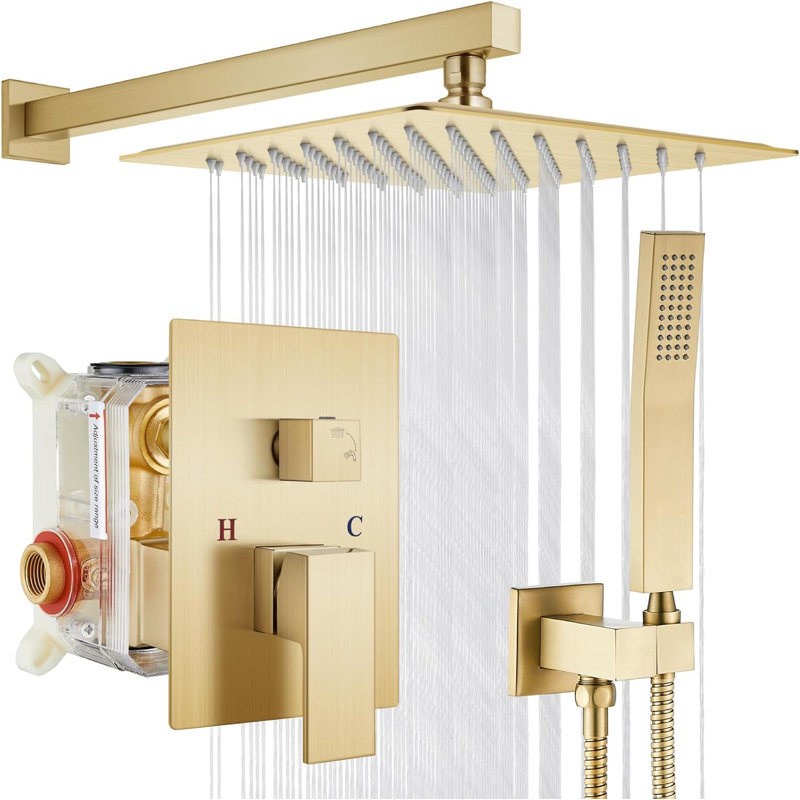 Système de douche 8000-10 pouces avec pomme de douche à pluie 10 pouces et douchette, Or brossé