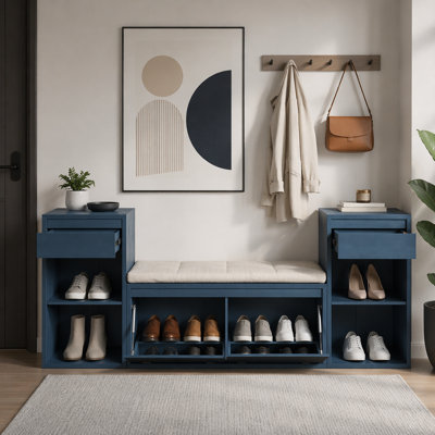 Banc de rangement tout-en-un avec coussin, compartiments, tiroirs et tablettes ouvertes, banc de rangement pour couloir, vestibule, salon