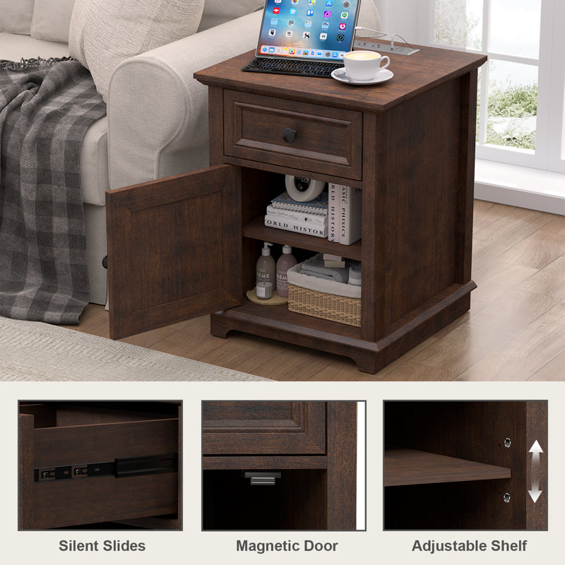Azella 1-Drawer Frame End Table Set with Storage and Built-In Outlets, Cherry