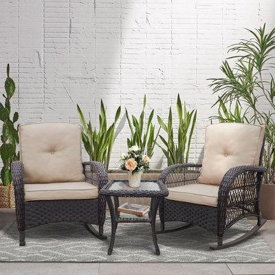 Ensemble de 3 chaises d'extérieur en osier avec coussins de haute qualité et table d'appoint en verre Kaki