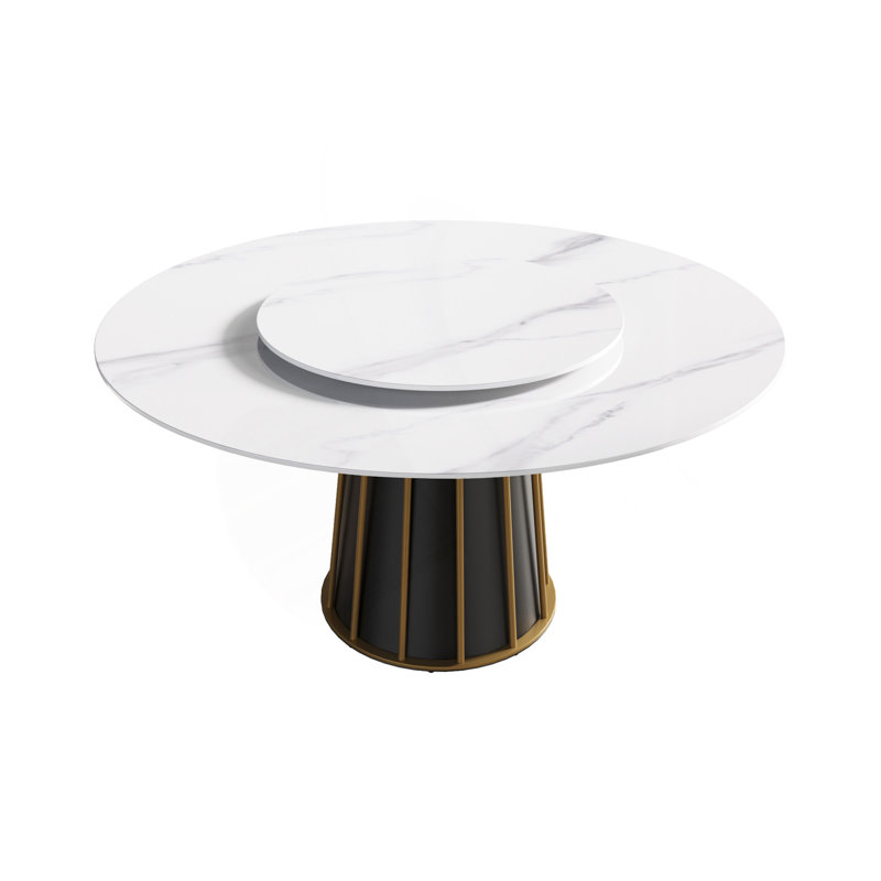 Table de salle à manger 59,05 po en pierre artificielle ronde blanche avec base en fer blanc pouvant accueillir 8 personnes - Table tournante en pierre artificielle blanche de 31,5 po