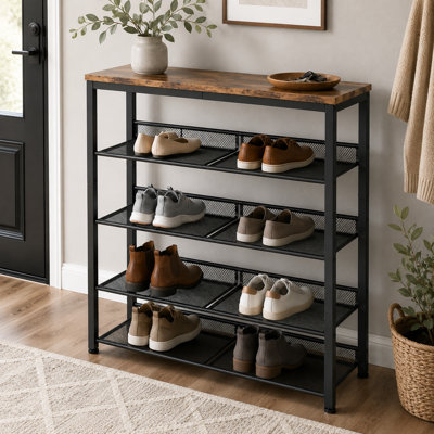 Industrial Country Adjustable Shoe Rack 5-Tier, Multi-Layer Storage Stand with 4 Mesh Shelves for Entryway, Bedroom, Living Room & Porch