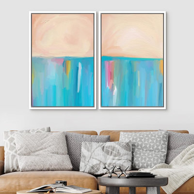 «Colorful Brushstrokes Signature», reproduction d'art sur toile encadrée bleu pastel, aquarelle, paysage, formes abstraites, art numérique, art moderne, décor minimaliste relax / zen pour le salon, la chambre à coucher, le bureau