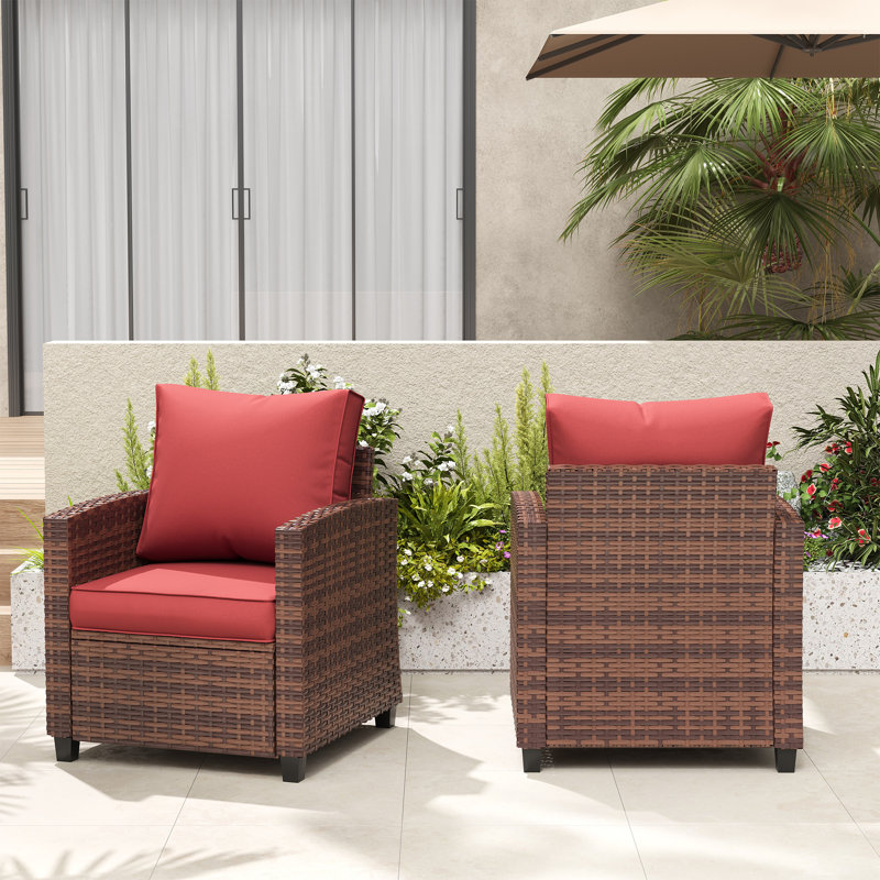 Samya Outdoor Lounge Chair With Cushions (Set of 2), Brown Frame/Red Cushion