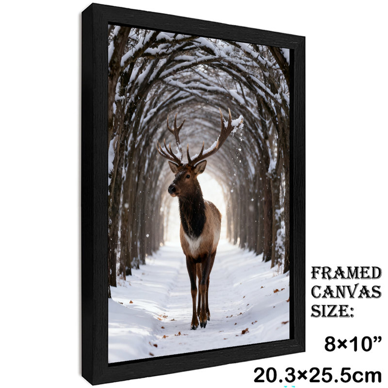 Art mural encadré noir cerf rétro par temps neigeux, H 11 po x l 9 po
