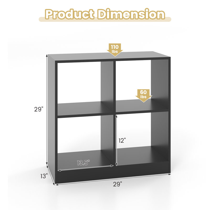 29'' H X 29'' W 4-Cube Bookcase Floor Open Bookshelf with 2 Anti-Tipping Kits Modern Shelving Organizer, Black
