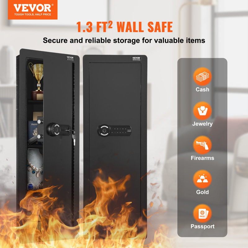 Tall Black Steel Wall-Mounted Gun Safe with Keypad & Fingerprint