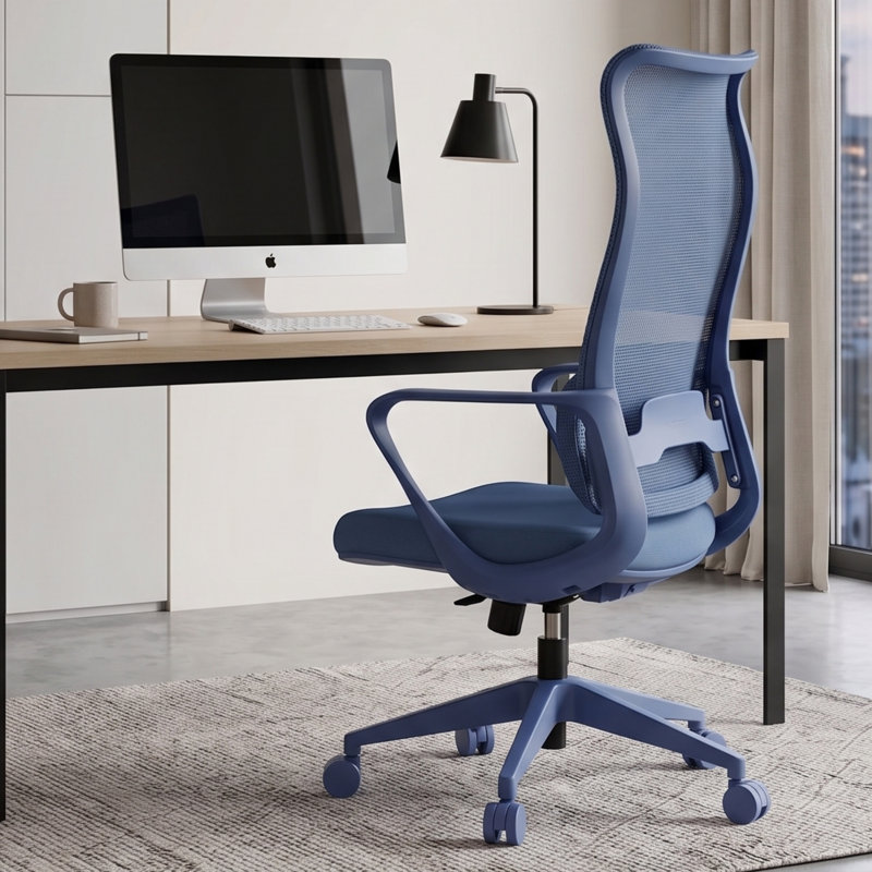Chaise de bureau ergonomique en filet à haut dossier avec support lombaire réglable, pivotant à 360 degrés, Bleu, Bleu