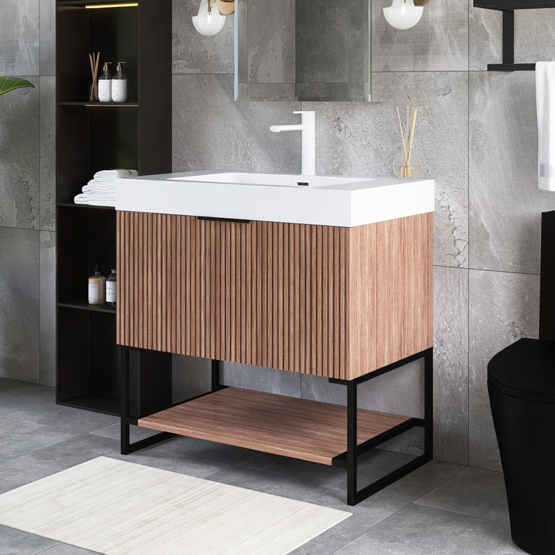 Meuble-lavabo autoportant 30 po en noyer avec plateau en acrylique 30 po