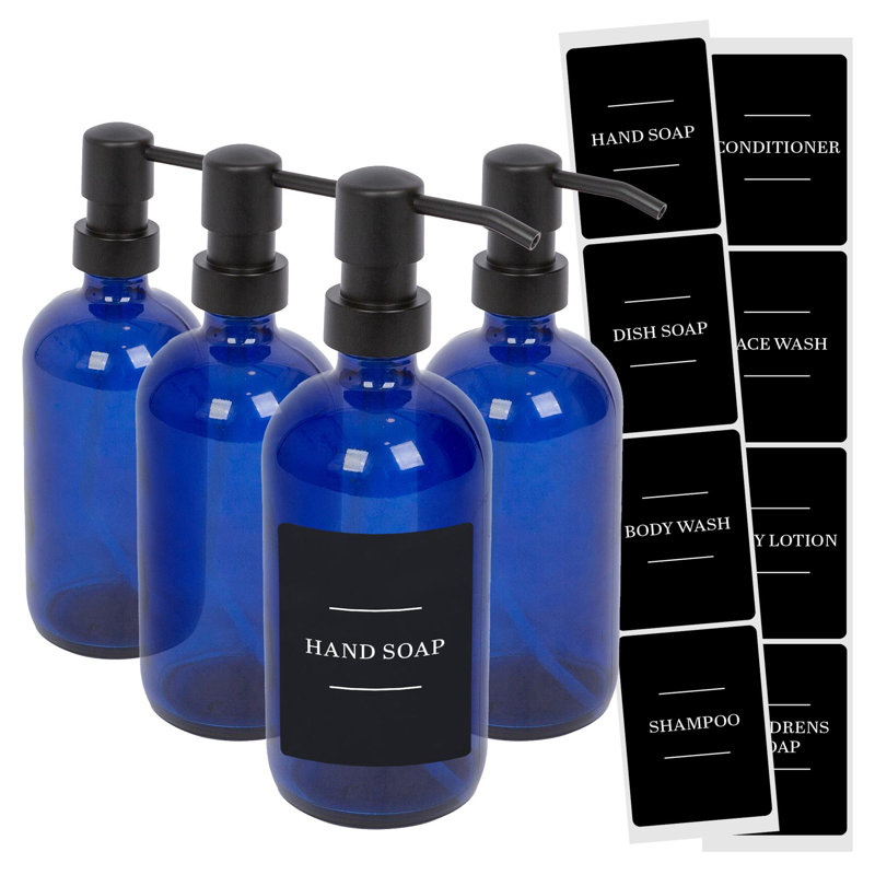 Glass Soap Dispensers with Labels - 500ml, Blue/Black
