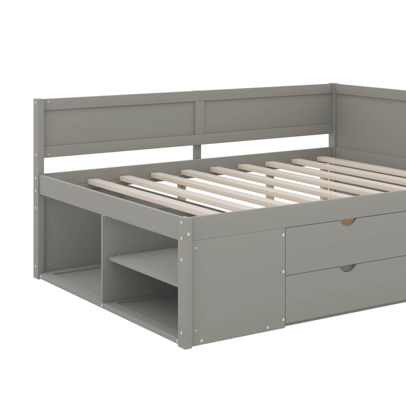 Lit de jour avec tiroirs et tablettes, Gris, Lit double