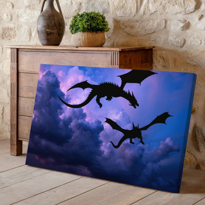 Canvas Two Majestic Dragons Soar Gracefully Through A Twilight Sky Filled Wall Art With Billowing Dark Clouds Their Wings Outstretched Canvas Wall Art