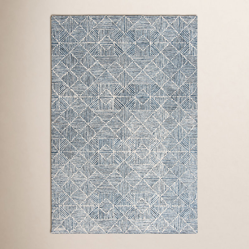 Tapis bleu / ivoire fabriqué à la main Linsly, Rectangle 6 pi x 9 pi