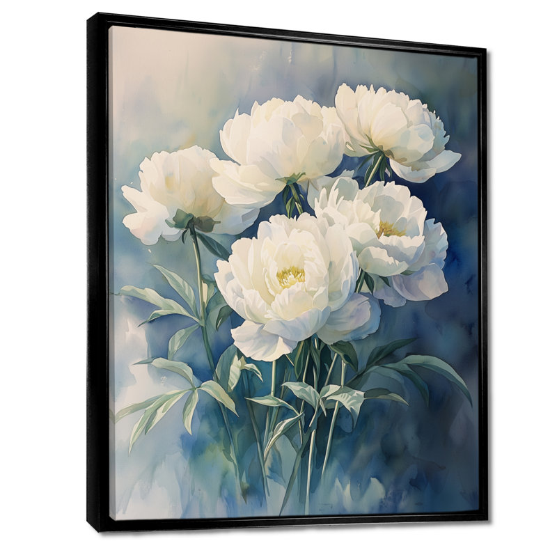 Aqua pivoines et ombres géométriques I - pivoines, art mural, H 20 po x l 12 po, Reproduction avec cadre flottant, Noir