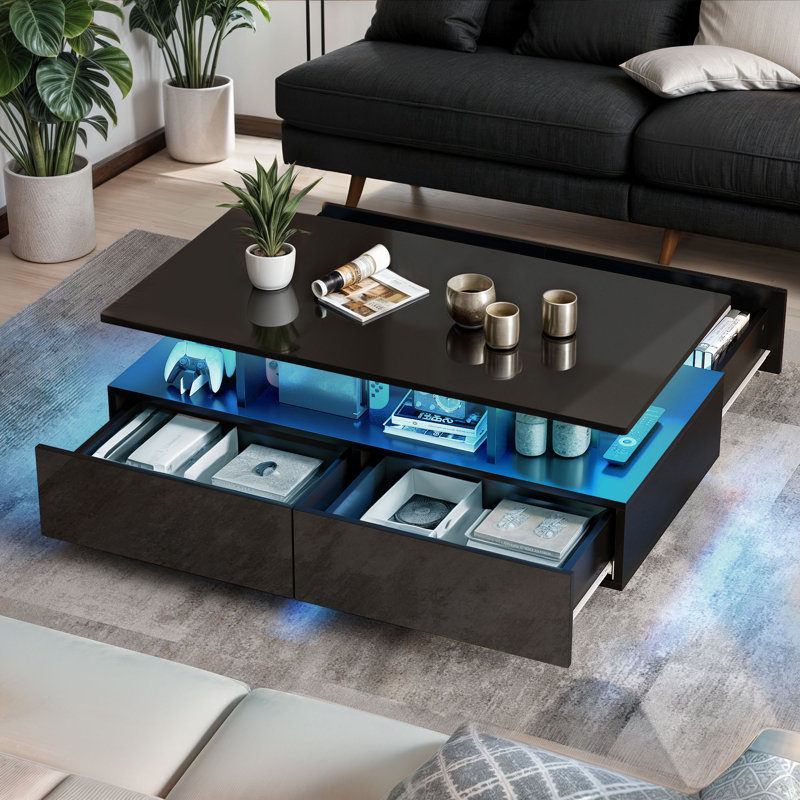Curtisville Rectanguler LED Coffee Table with Ample Storage and 4 Spacious Drawers for a Stylish Living Room, Black