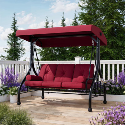 Outdoor Porch Swing with Adjustable Canopy, 3-Seat Patio Swing Chair with Stand, 800LBS Heavy Duty Outdoor Swing for Adults with Cup Holder Tray, Cushion & Pillows, Patio Swings with Canopy for Garden