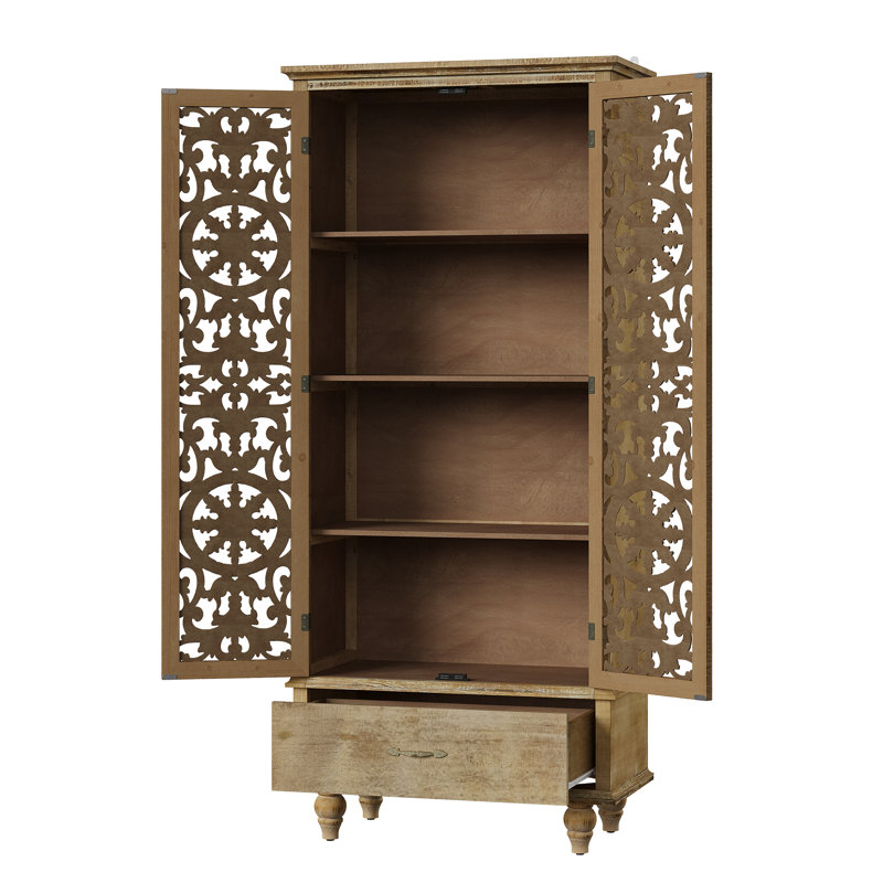 Vaisselier en bois sculpté de 70,5 po de hauteur avec portes ajourées, 3 tablettes et tiroir