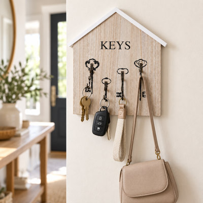 Porte-clés en bois brun Siba Farmhouse avec 4 crochets pour mur