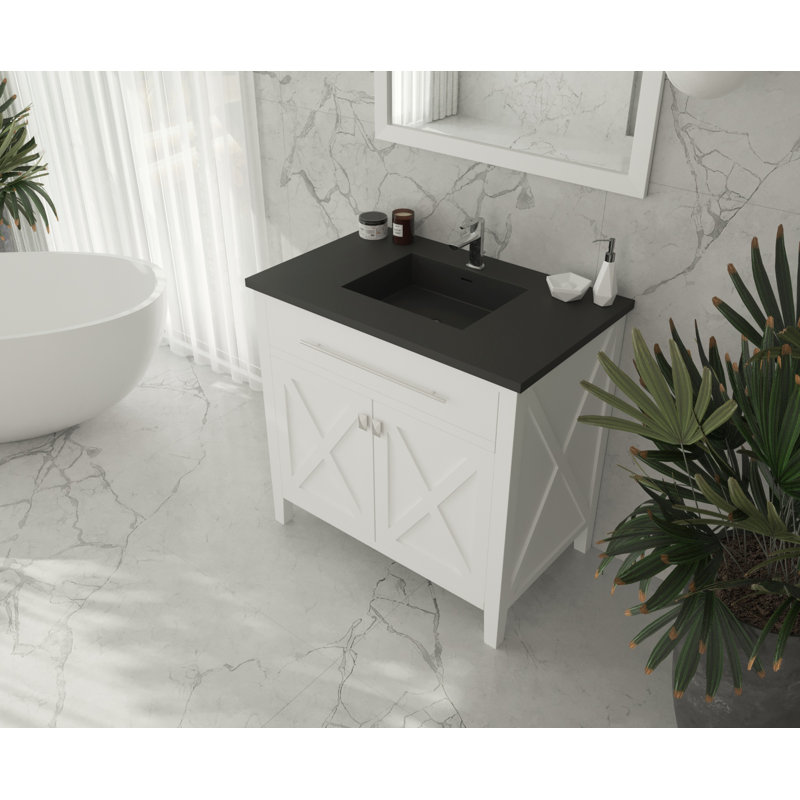 Pyles 36'' Single Bathroom Vanity with Solid Surface Top, White, Matte White