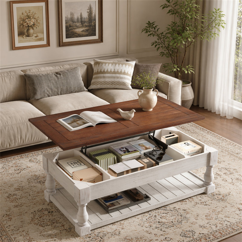 Table basse à plateau relevable rétro avec rangement pour le salon, Espresso antique / blanc antique