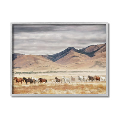 Wild Horses Roaming Across Western Landscape Gray Farmhouse Rustic Oversized Framed Giclee Texturized Art by PH Burchett