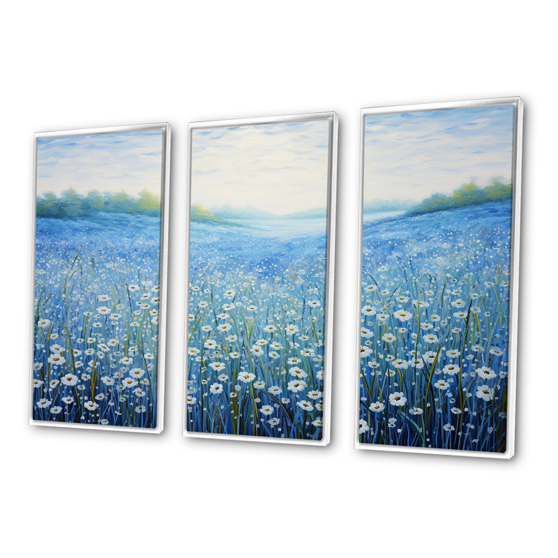 Seren azur fleurs champ - ensemble d'art mural fleur, H 40 po x l 60 po x P 1 po, Cadre flottant blanc