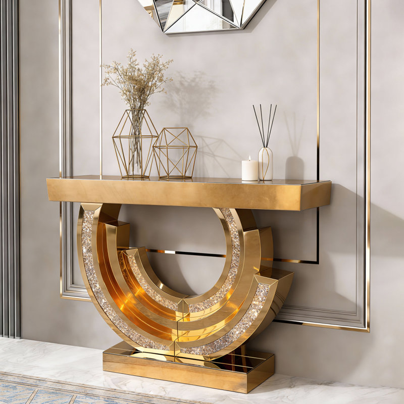 Nouvelle conception de table d'entrée à miroir en diamant écrasé avec incrustation de losanges, longue table d'appoint en verre pour la décoration intérieure (brun)