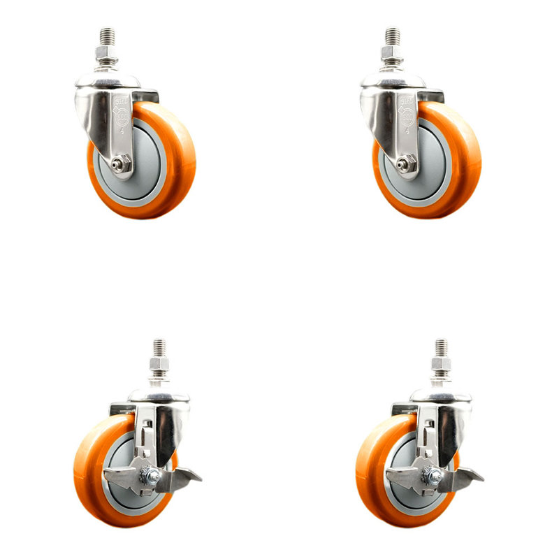 Ensemble de 4 roulettes à tige filetée en polyuréthane pivotant de 4 pouces et de 12 mm avec 2 freins