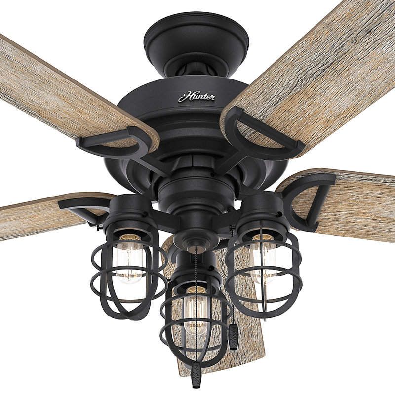52" Starklake 5 - Blade Outdoor Standard Ceiling Fan with Pull Chain and Light Kit Included, Natural Iron