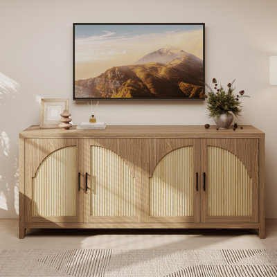  Meuble télé 70 po avec rangement, buffet à 4 portes en roseau avec gestion des câbles, meuble télé Mid-Century Media Center pour téléviseur de 75 po ou moins, chêne naturel