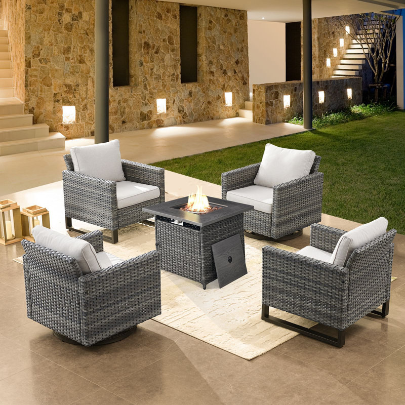 Naresa 5-Piece Outdoor Wicker Furniture Set With Swivel Glider Chairs & Fire Pit Table, Beige