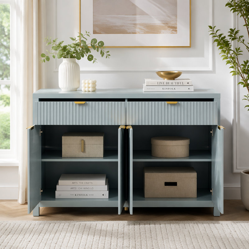 Buffet 55,1 "avec 2 tiroirs et 4 portes, tablettes réglables, Cyan