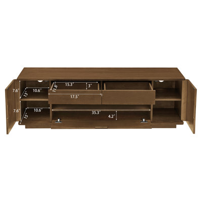 Meuble télé 59 po Mid Century Modern pour téléviseur de 65 po ou moins, centre de divertissement en noyer avec rangement ouvert, armoires et tiroirs latéraux, meuble télé rétro au design incurvé, parfait pour le salon, le bureau