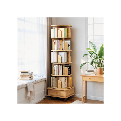 5-Tier Rotating Round Bookshelf with Wheels and Drawer