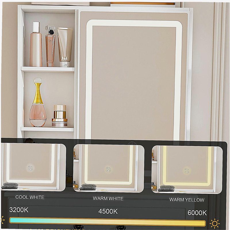 Modern Mini Dressing Table with LED-lit Mirror & Hidden Storage,Includes Padded Stool,Adjustable Brightness Vanity Desk,Multi-tier Dust-proof Shelves,White