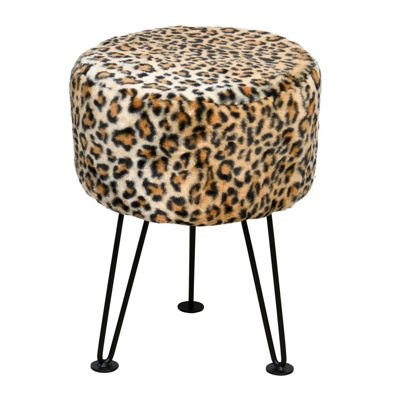 33cm Wide Round Animal Print Standard Ottoman, Brown Faux Fur