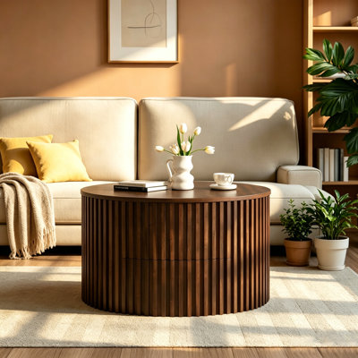 Table basse à plateau relevable VIBE HAUS, centre de table moderne en bois cannelé avec grand compartiment de rangement caché et tiroir coulissant courbé pour le salon