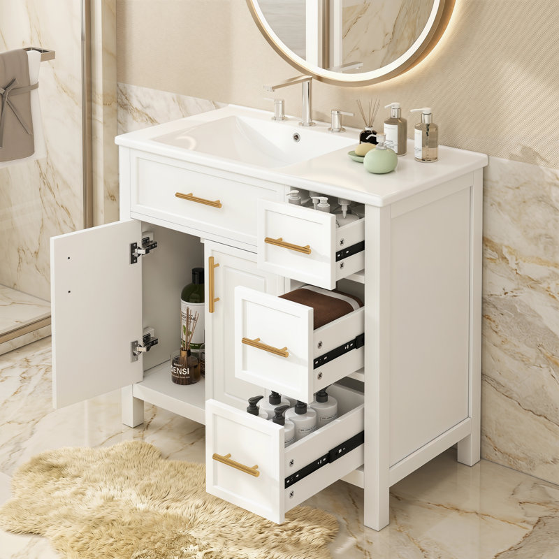 Meuble-lavabo de 36 po avec comptoir d'évier, armoire de rangement en bois massif et bois aggloméré avec 2 portes et 3 tiroirs, ensemble de rangement tout-en-un