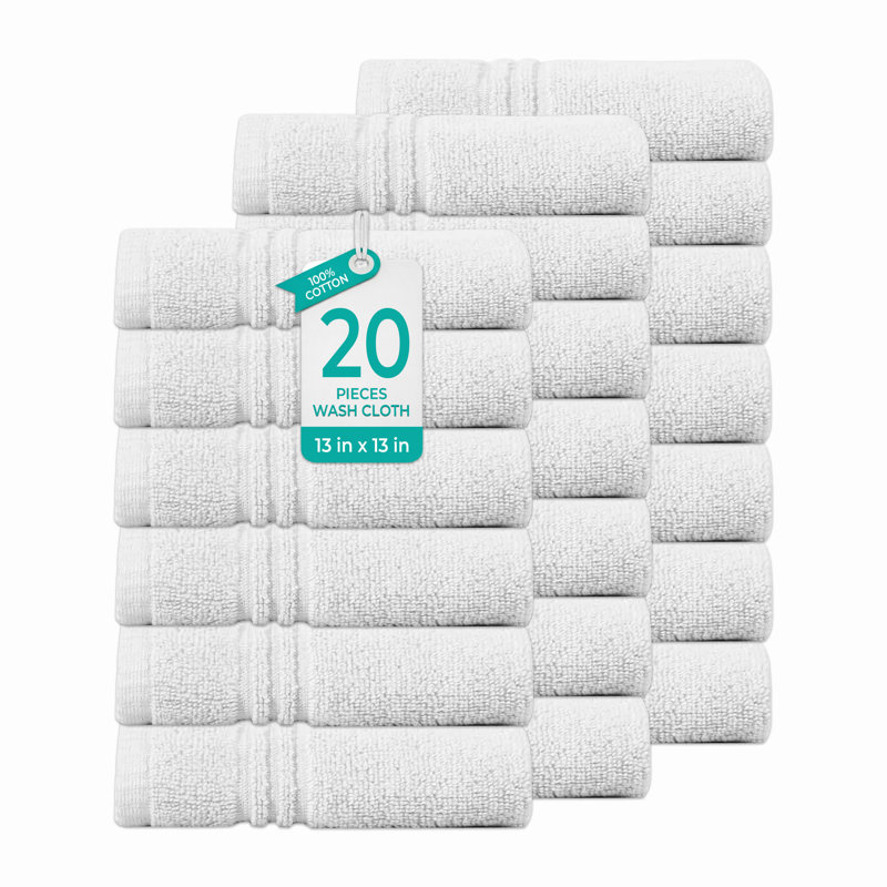 Ensemble de serviettes de salle de bain 100% coton 100% coton zéro torsion Robbs Home Weavers Robbin, 13 po x 13 po (20) (20 serviettes de toilette), blanc