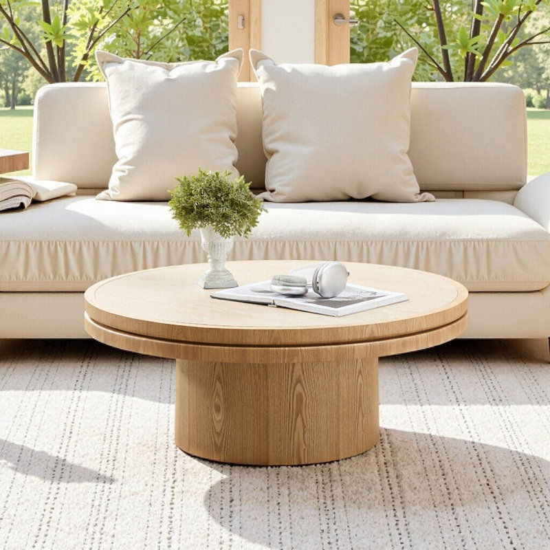 Table basse ronde de 35,43 pouces avec base en MDF fritté pour salon, Naturel