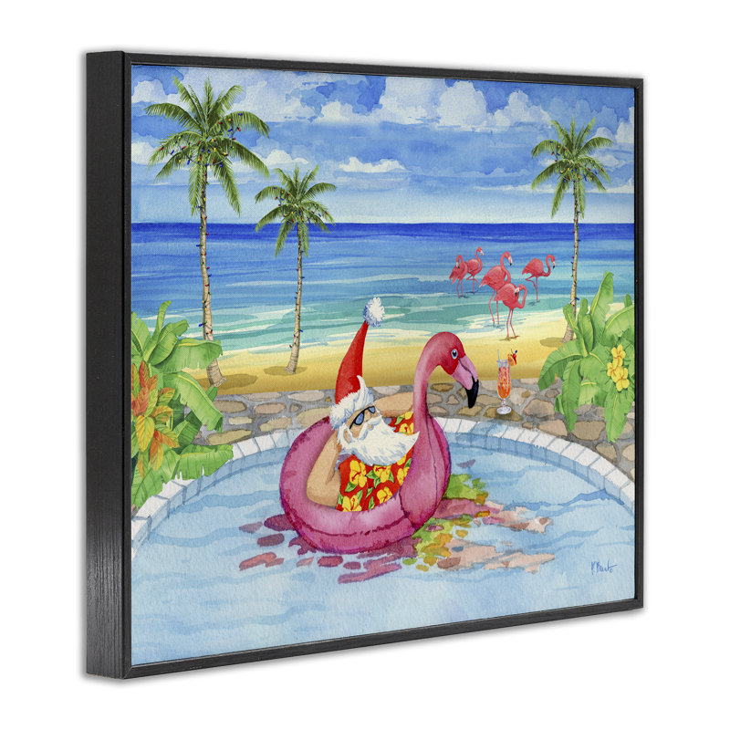 Santa with Pool Float Framed Giclee Art by Paul Brent, 11" H x 14" W, Midnight Black Framed Giclee