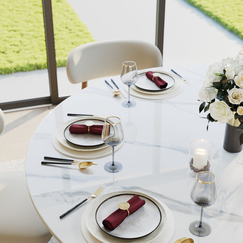 Table de salle à manger Maxwell, Blanc lustré, Bronze, H 29,53 po x L 59,06 po x l 59,06 po
