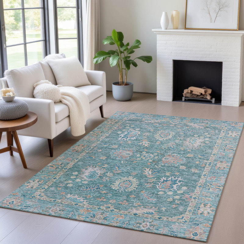 Tapis bleu sarcelle lavable à la machine intérieur / extérieur Xhevrie, Rectangulaire 3 pi x 5 pi