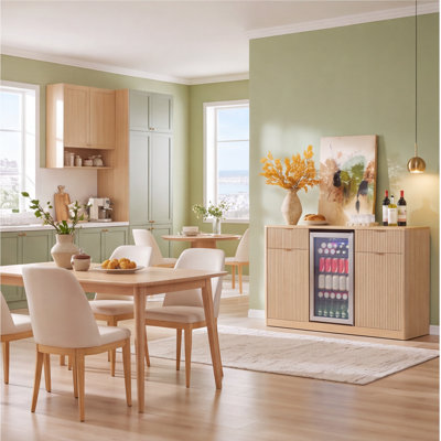 K&K 59" Coffee Bar Cabinet with Mini Fridge Space & Tilt-Out Trash Cabinet, Charging Station, Fluted Buffet Sideboard, Natural Oak