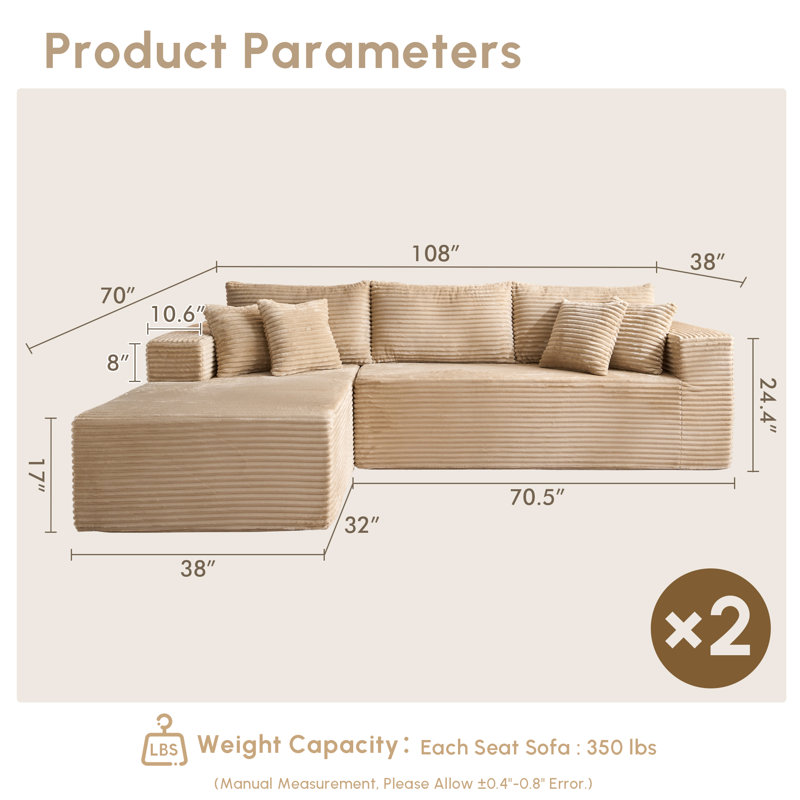  Aucun assemblage de canapé modulaire rembourré avec coussins 4 pièces Cloud, Orienté à gauche (vu de face)