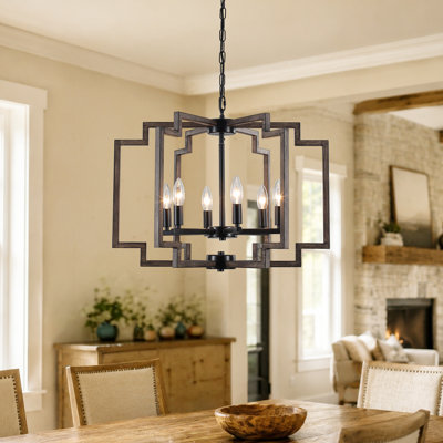 6 - Light 23.6" Wide Dimmable Geometric Lantern Farmhouse-style  Chandelier For Entryway Foyer Bedroom Hallway