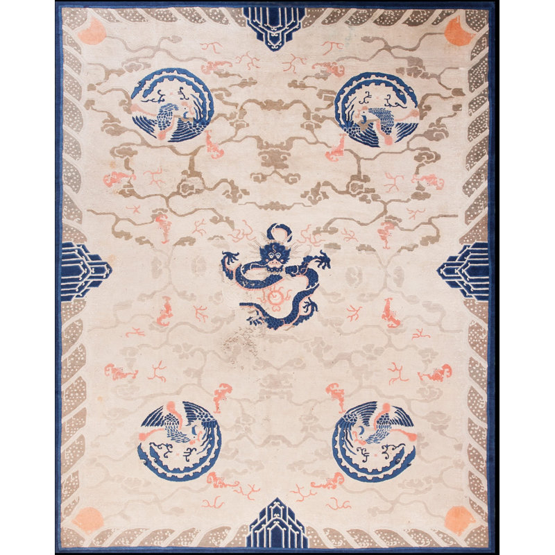 Tapis en laine antique chinois - ivoire de Pékin des années 1880