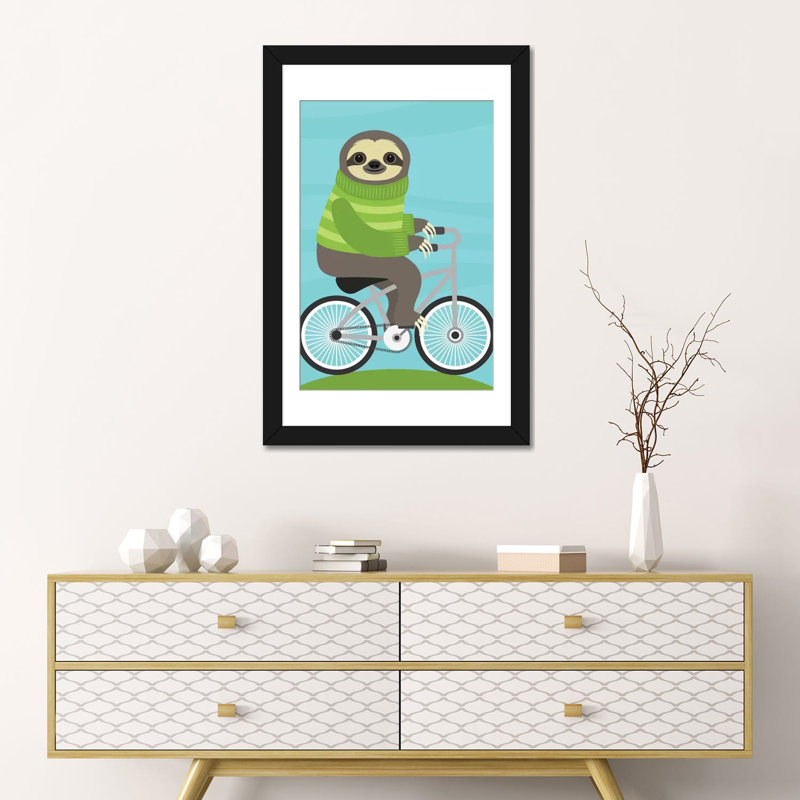 «Cycling Sloth», art sur toile, Papier d'art encadré noir, Blanc, H 32 po x l 24 po x P 1 po