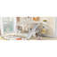 Lit plateforme superposé double au-dessus de double, construction en pin massif, blanc pur, avec échelle intégrée, glissière et tablettes de rangement