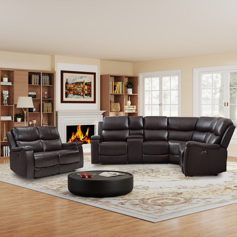 Hunstant 2-Piece Reclining Corner Sectional Sofa And Loveseat Set With Cupholder & Storage, Espresso Faux Leather